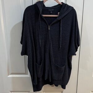 Barefoot Dreams Cozy Chic Ultralitr Muted Navy Ribbed hoodie  Zip-Up Sweater